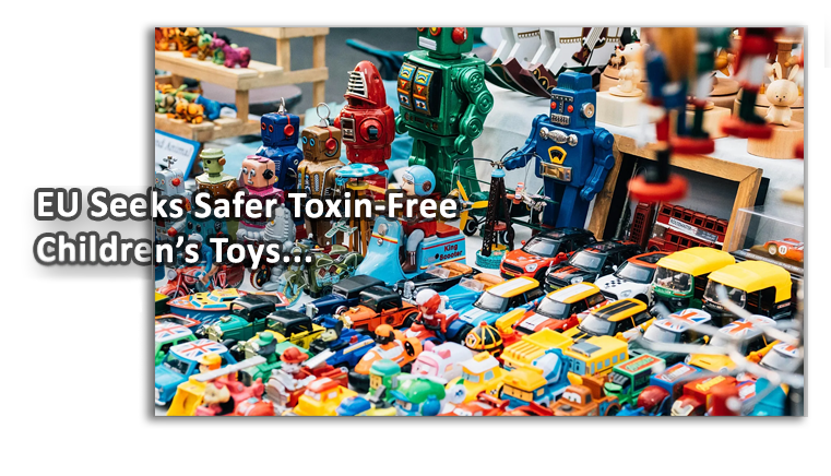 Image of toys arranged on a shelf in multiple rows.